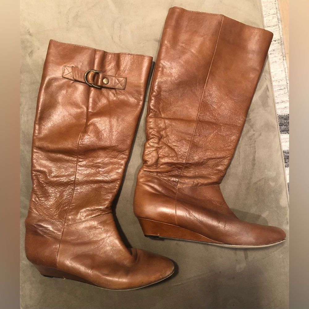 Aldo brown leather calf-high, low wedge heel pull-up boots (size 37 / US 6-6.5)